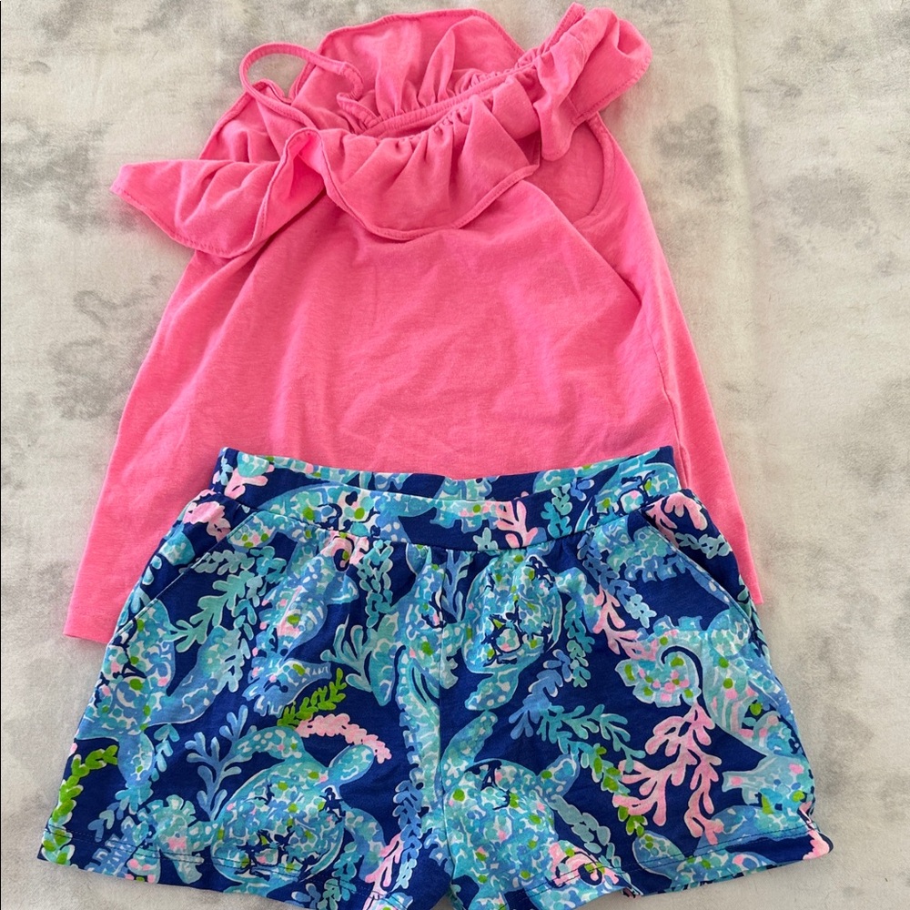 Lilly Pulitzer Girls Pink Ruffle Tank with Blue Printed Shorts Set S (4/5)